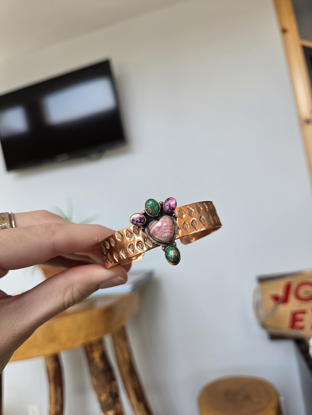 Copper Heart Cuff Bracelet with Pink and Green Accents